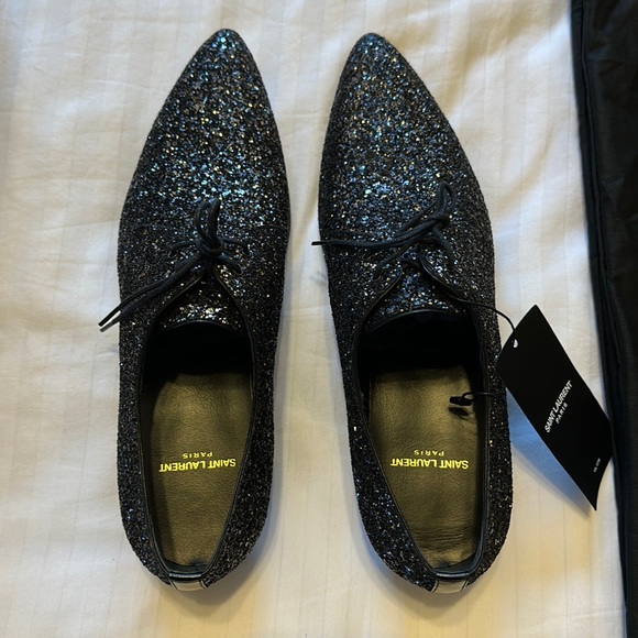 YSL Silver Glitter Derby Shoes